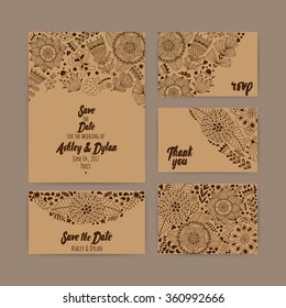 Wedding Invitation Template. Invitation, envelope, thank you card, save the date cards. Wedding set. RSVP card. Marriage event. Valentine Day cards