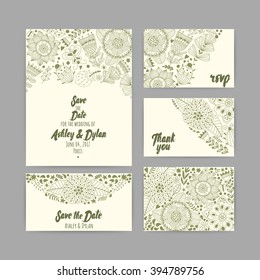 Wedding Invitation Template. Invitation, envelope, thank you card, save the date cards. Wedding set. RSVP card. Marriage event. Valentine Day cards