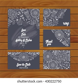 Wedding Invitation Template. Invitation, envelope, thank you card, save the date cards. Wedding set. RSVP card. Marriage event. 