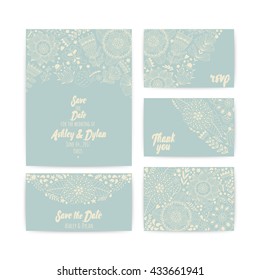 Wedding Invitation Template. Invitation, envelope, thank you card, save the date cards. Wedding set. RSVP card. Marriage event. Valentine Day cards