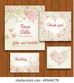 Plantilla de invitación de boda. Invitación, sobre y tarjeta de agradecimiento, guardar las tarjetas de fecha.