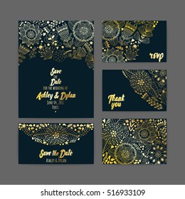 Wedding Invitation Template. Invitation, envelope, thank you card, save the date cards. Wedding set. RSVP card. Marriage event. Valentine Day cards