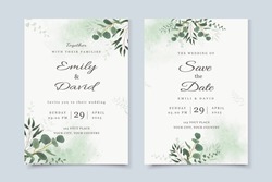 Wedding Invitation Template With Eucalyptus Leaves And Watercolor Background Vector Illustration