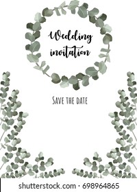 Wedding invitation template. Eucalyptus wreath. Vector design. Save the date. Nature background.