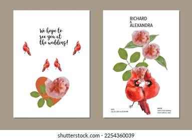 Wedding invitation template with floral design, roses with birds. This template can be used as another type of invitations and holidays.