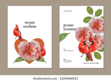 Wedding invitation template with floral design, roses with birds. This template can be used as another type of invitations and holidays.