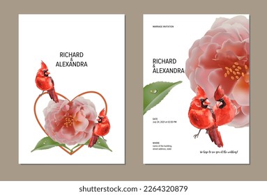 Wedding invitation template with floral design, roses with birds. This template can be used as another type of invitations and holidays.