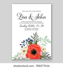 Wedding invitation template with floral ornament of peony, rose, rununculus, anemone, poinsettia, poppy card printable template 