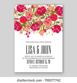 Wedding invitation template with floral ornament of peony, rose, rununculus, anemone, poinsettia, poppy card printable template 