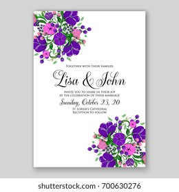 Wedding invitation template with floral ornament of peony, rose, ranunculus, anemone, poinsettia, poppy card printable template