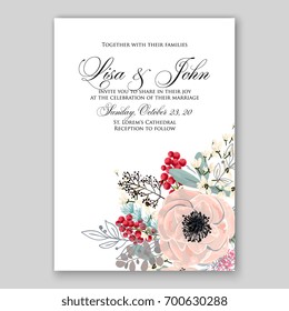 Wedding invitation template with floral ornament of peony, rose, ranunculus, anemone, poinsettia, poppy card printable template