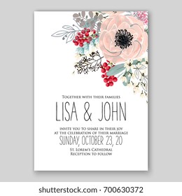 Wedding invitation template with floral ornament of peony, rose, ranunculus, anemone, poinsettia, poppy card printable template