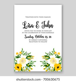 Wedding invitation template with floral ornament of peony, rose, ranunculus, anemone, poinsettia, poppy card printable template