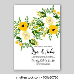Wedding invitation template with floral ornament of peony, rose, ranunculus, anemone, poinsettia, poppy card printable template