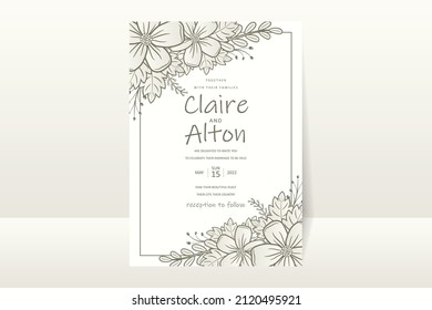 Wedding invitation template with floral outline decoration