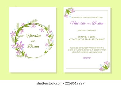 Einladungsvorlage Hochzeit. Blumenrahmen und Text. Die Inschrift ist mit einem Blumenkranz geschmückt. Lilac, blau. rosa, grüne Farben. Vektorgrafik.