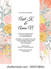 wedding invitation template with flower and leave, floral frame wedding card