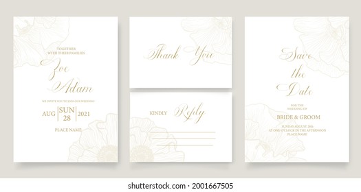 Wedding invitation template with flower of poppy in line. Minimalism style