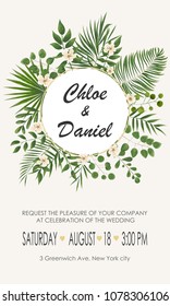Wedding Invitation template with flowers and green leaves. rsvp is a modern card design. natural, Botanical, elegant vector illustration