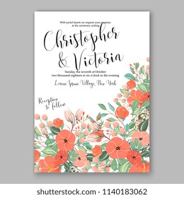 Wedding invitation template with gentle orange peony flower greenery invitation template