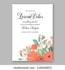 Wedding invitation template with gentle orange peony flower greenery invitation template