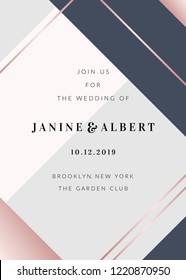 Wedding invitation template with geometric elements in pastel pink, navy blue and gray, rose gold details, sample text layout.