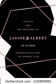 Wedding invitation template with geometric elements in black and white, rose gold details, sample text layout.