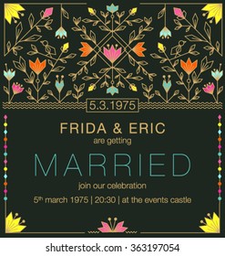 WEDDING INVITATION TEMPLATE . Gold geometric classic  design style.Can be used for labels, packages, greeting cards, prints, web design, fashion projects, leaflet, cosmetics etc. Editable vector file.