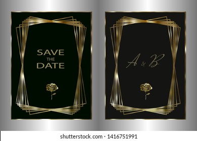 Wedding Invitation Template. Gold original frame and below the golden rose. Vector illustration.