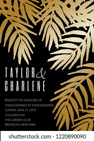 Wedding invitation template with gold palm leaf silhouettes and sample text layout on black background.