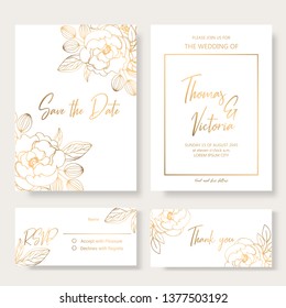 Wedding invitation template with golden decorative elements. Vector illustration