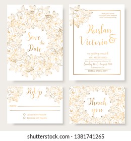 Wedding invitation template with golden decorative elements. Vector illustration
