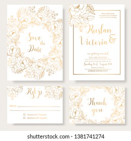 Wedding invitation template with golden decorative elements. Vector illustration