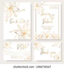 Wedding invitation template with golden decorative elements. Vector illustration