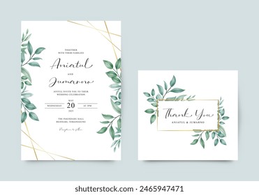 Wedding invitation template with golden geometric frame and green leaves