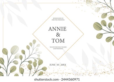 Wedding invitation template with Golden and Green Leaves