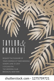 Wedding invitation template with golden tropical leaves on dark gray background and sample text layout. Vector greeting card, bridal shower, brochure design, scalable to 5x7 inches.