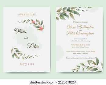 Plantilla de invitación a la boda con hojas verdes y flores. Ilustración vectorial, acuarela. Diseño de fondo.