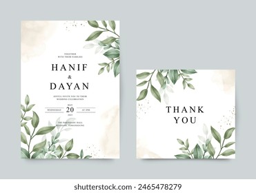 Wedding invitation template with green leaves decoration