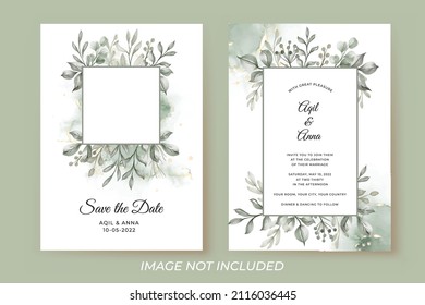 wedding invitation template with greenery leaves and photos frame