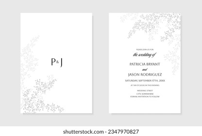 Wedding invitation template with grey hand drawn delicate branches. Vector illustration for cover, invitation, poster, card, flyer, banner