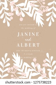 Wedding invitation template with hand drawn floral elements in white and pink on craft paper background and sample text layout. Vector greeting card, bridal shower, brochure design, scalable to 5x7.