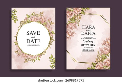 wedding invitation template with hand drawn pink flower watercolor design