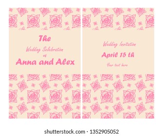 wedding invitation template. Hand-drawn vector illustration of retro style with pink floral pattern