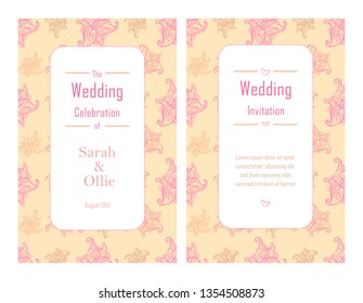 Wedding Invitation Template. Hand-drawn vector illustration of a retro style with orange floral pattern