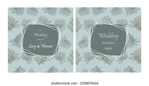 wedding invitation template. Hand-drawn vector illustration of retro style with floral pattern on gray background