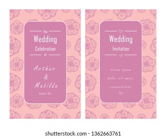 wedding invitation template. Hand-drawn vector illustration of a retro style with pink floral pattern