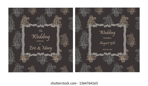 wedding invitation template. Hand-drawn vector illustration of retro style with floral pattern on dark gray background