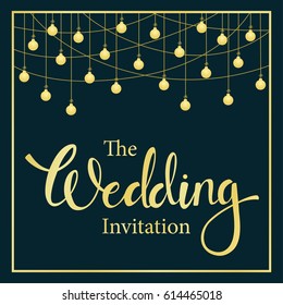 Wedding Invitation template with hanging bulbs on ropes  garland in gold and dark blue colors. 
