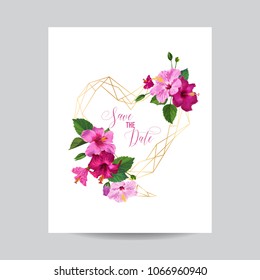 Wedding Invitation Template with Hibiscus Flowers and Golden Frame. Save the Date Floral Card for Greetings, Anniversary, Birthday. Vector illustration